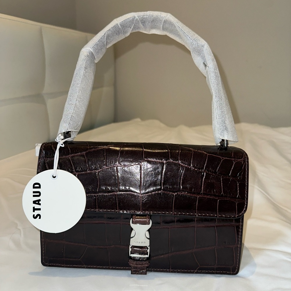 STAUD JACKIE Buckle Bag in Mahogany Faux Croc Embossed—NWT.